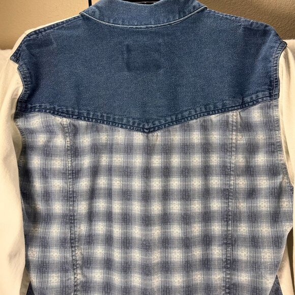 Vtg Wrangler Western Wear Denim Shirt White Blue Cowgirl Rodeo Zig Zag Plaid Lg - Picture 5 of 13